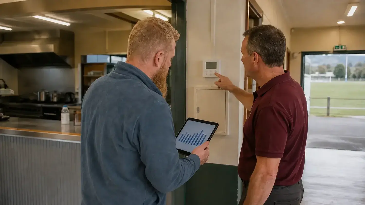 An energy adviser reviewing building controls and energy-use data with a community facility manager in Hobart.