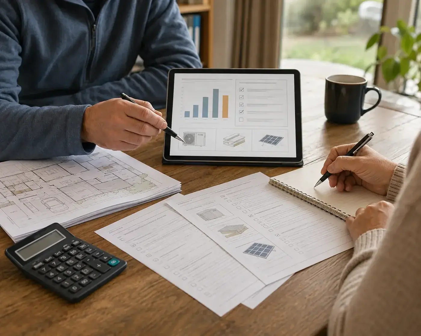 An energy adviser and client reviewing energy-upgrade costs, rebates and potential savings in Tasmania.