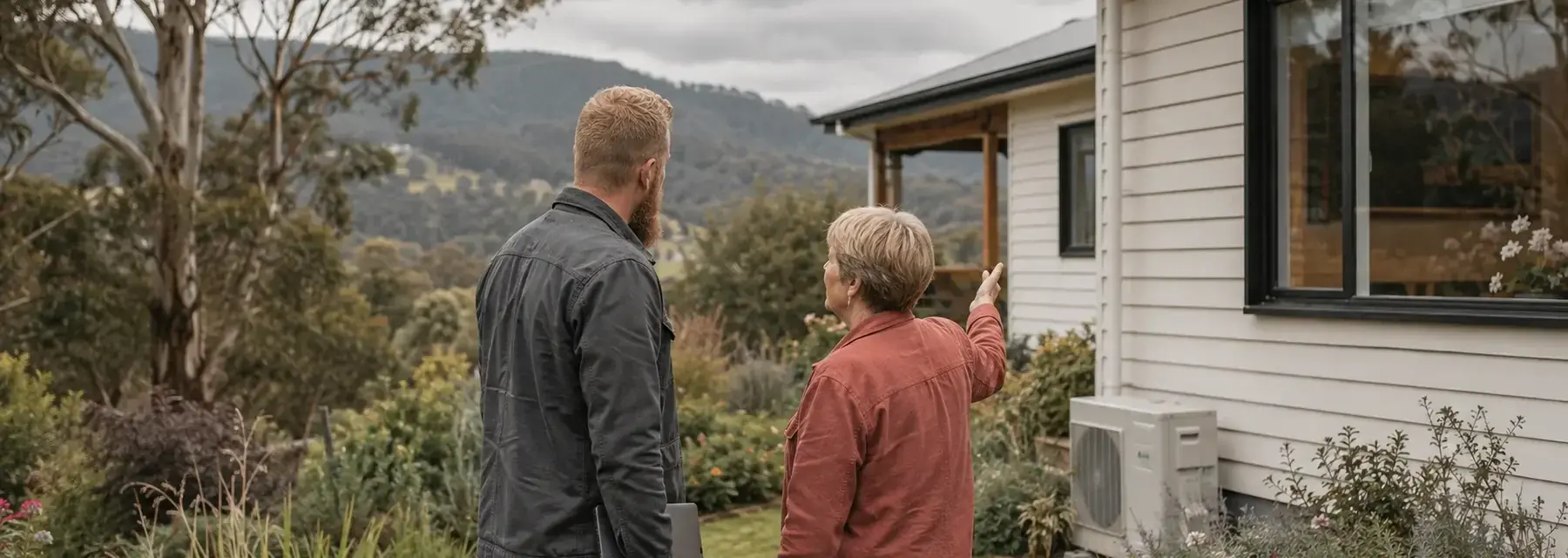 An energy adviser listening to a homeowner during a property walk-through in Tasmania.